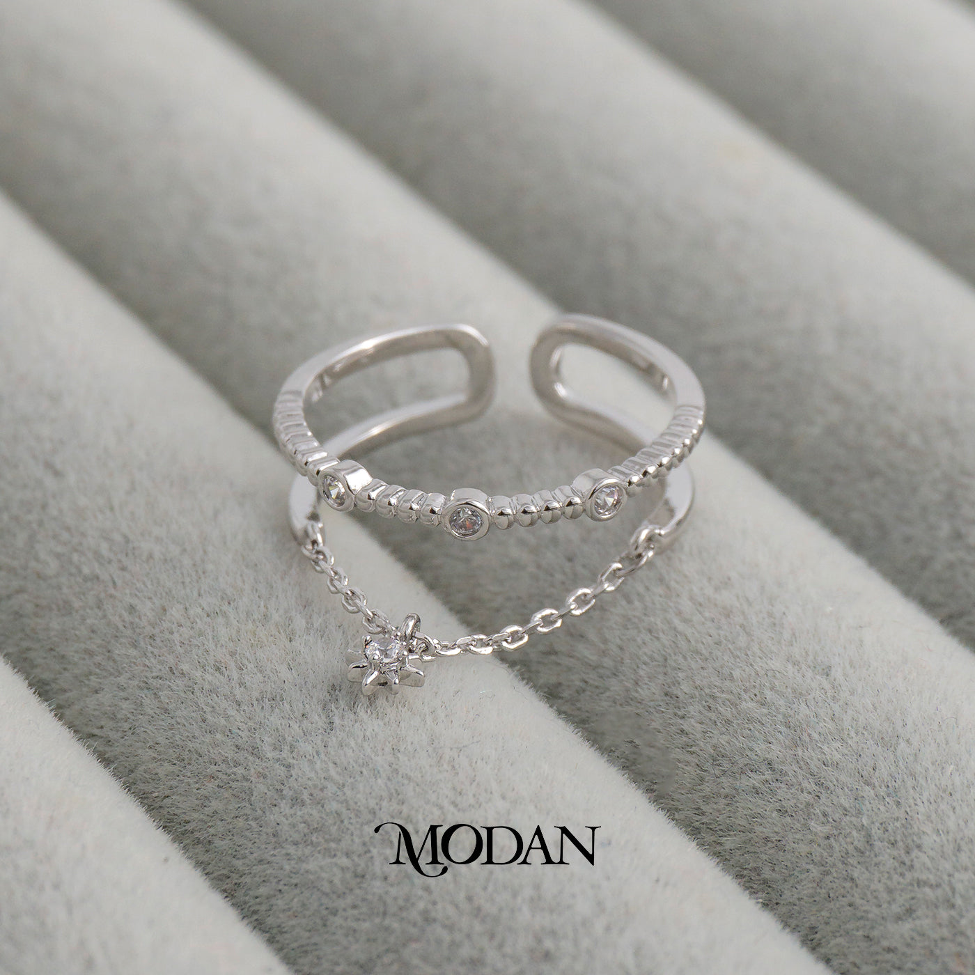 Elegant Star Tessel Ring Cincin Rantai Bintang Hypoallergenic Triple White Gold Filled