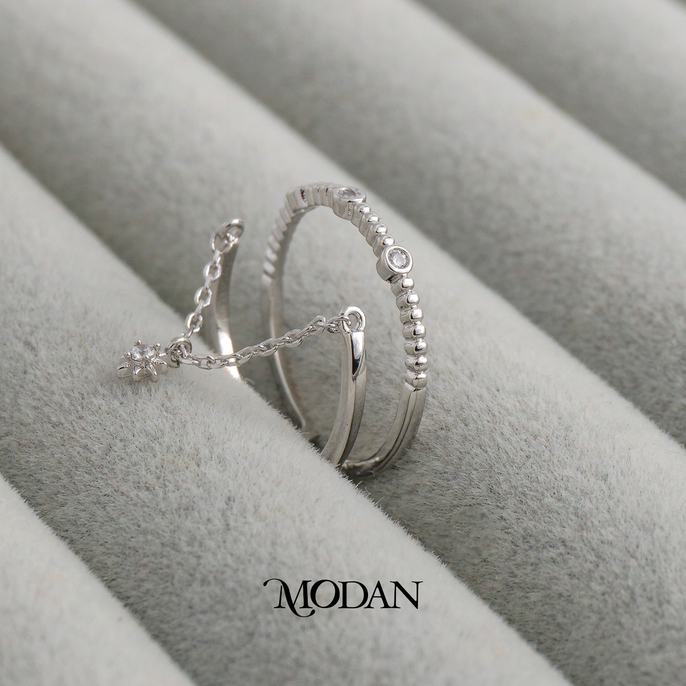 Elegant Star Tessel Ring Cincin Rantai Bintang Hypoallergenic Triple White Gold Filled