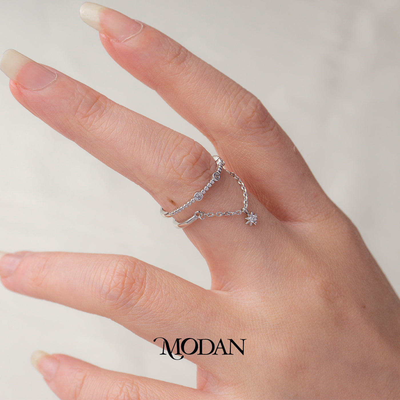 Elegant Star Tessel Ring Cincin Rantai Bintang Hypoallergenic Triple White Gold Filled