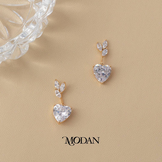 Bridal Sparkling Marquise Leaf Heart Drop Hoop Earrings Anting Gantung Hati Pesta Hypoallergenic Gold Plated