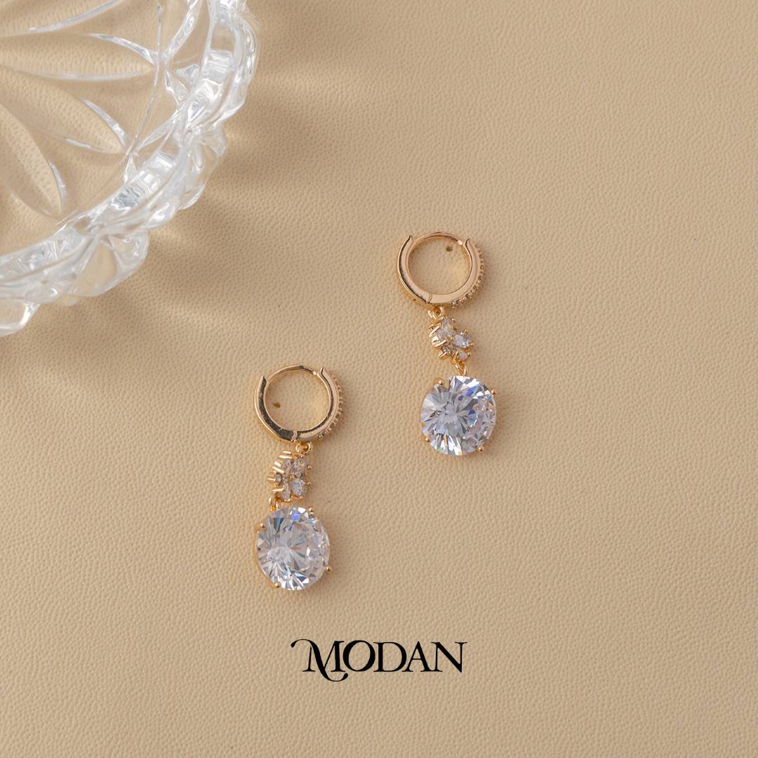Bridal Round Cut Dangle Hoop Earrings Anting Gantung Bulat Hypoallergenic Gold Plated