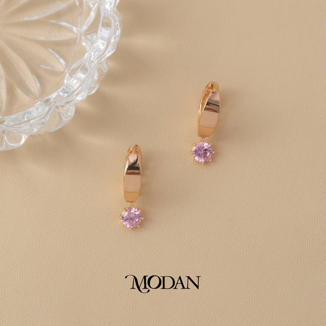 (23mm) Pink Solitaire Dangle Earrings Anting Bulat Hypoallergenic Gold Plated