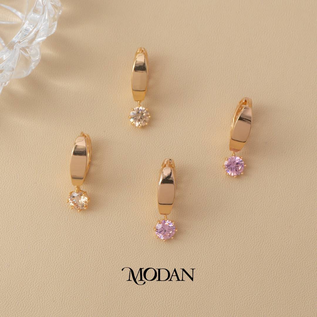 (23mm) Pink Solitaire Dangle Earrings Anting Bulat Hypoallergenic Gold Plated