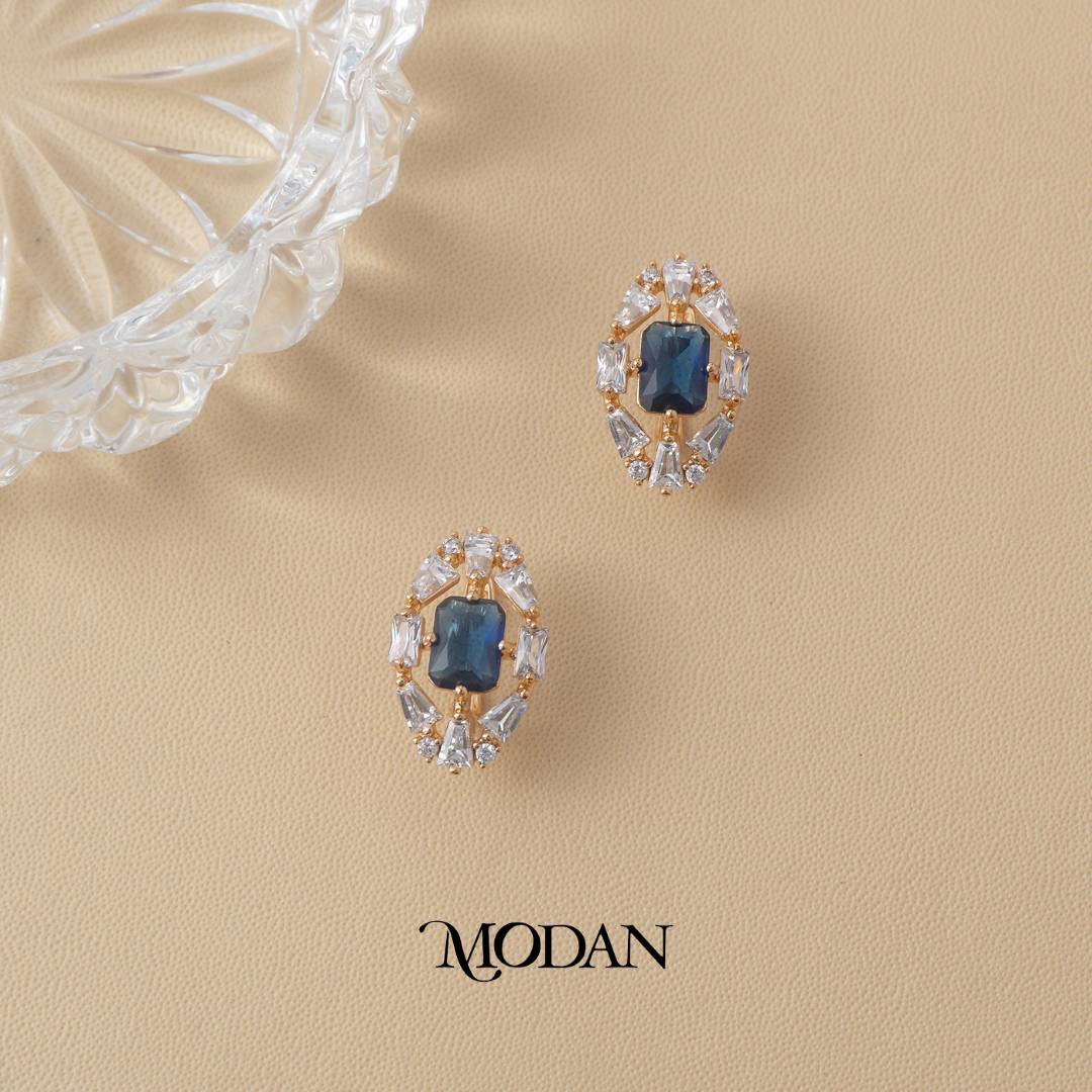Sparkling Sapphire and Pink Quartz Baguette Hoop Earrings Anting Pesta Hypoallergenic Gold Plated