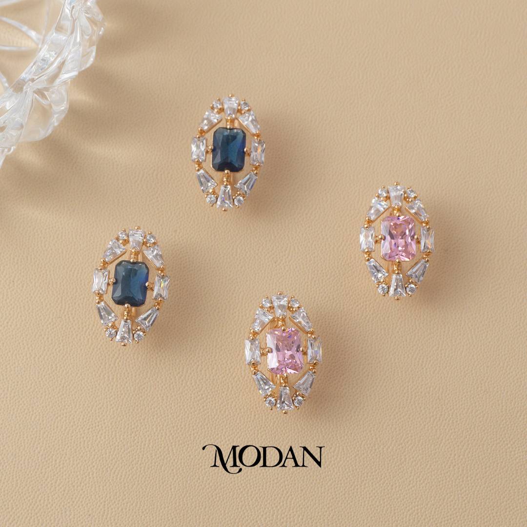 Sparkling Sapphire and Pink Quartz Baguette Hoop Earrings Anting Pesta Hypoallergenic Gold Plated