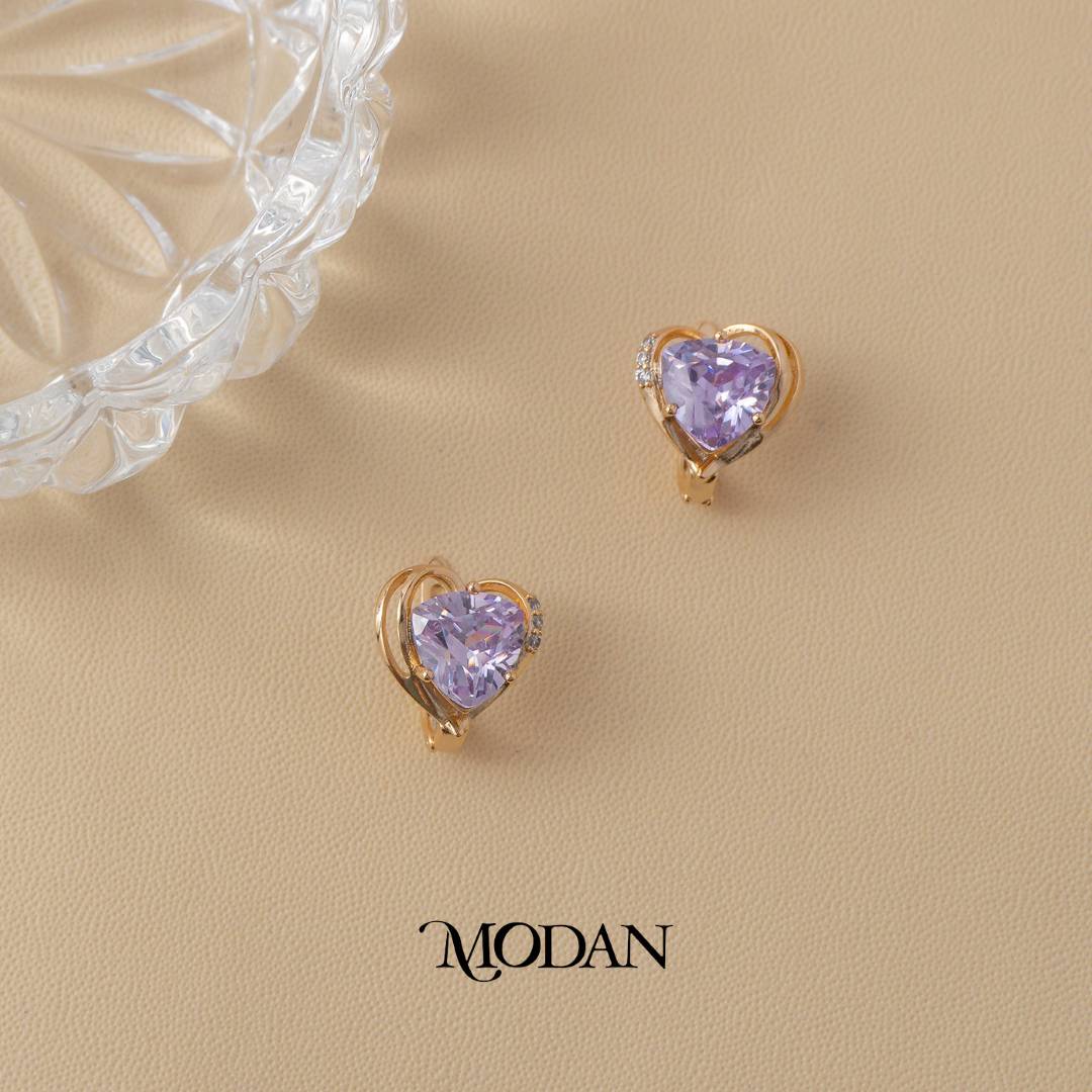 (13mm) Sparkling Purple and Clear Love Heart Festive Hoop Earrings Anting Hati Hypoallergenic Gold Plated