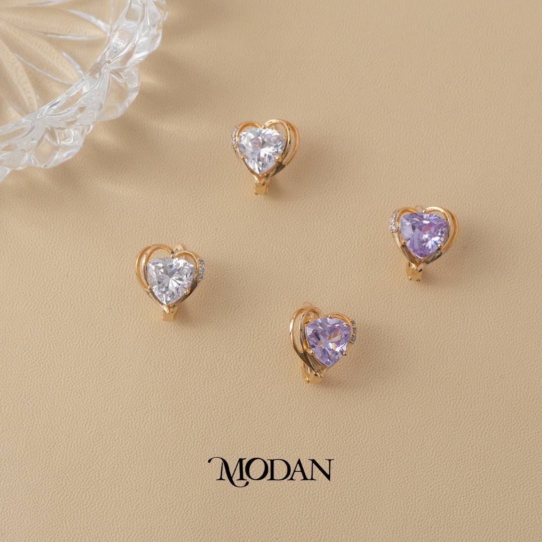 (13mm) Sparkling Purple and Clear Love Heart Festive Hoop Earrings Anting Hati Hypoallergenic Gold Plated