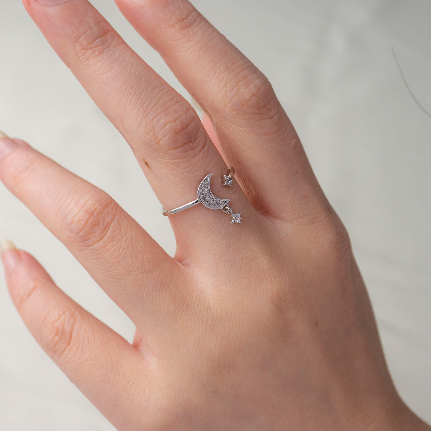 Celestial Moon Dangle Star Ring Cincin Luxe Bulan Bintang Hypoallergenic Triple White Gold Filled