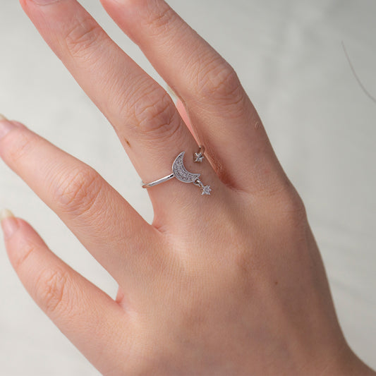 Celestial Moon Dangle Star Ring Cincin Luxe Bulan Bintang Hypoallergenic Triple White Gold Filled