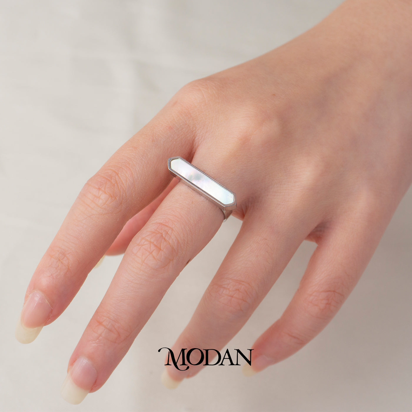 Elegant Geometric Bar Mother Of Pearl Ring Cincin Balok MOP Hypoallergenic Stainless Steel