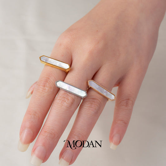 Elegant Geometric Bar Mother Of Pearl Ring Cincin Balok MOP Hypoallergenic Stainless Steel