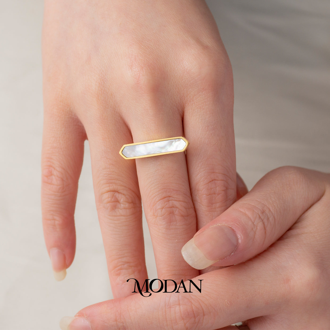 Elegant Geometric Bar Mother Of Pearl Ring Cincin Balok MOP Hypoallergenic Stainless Steel