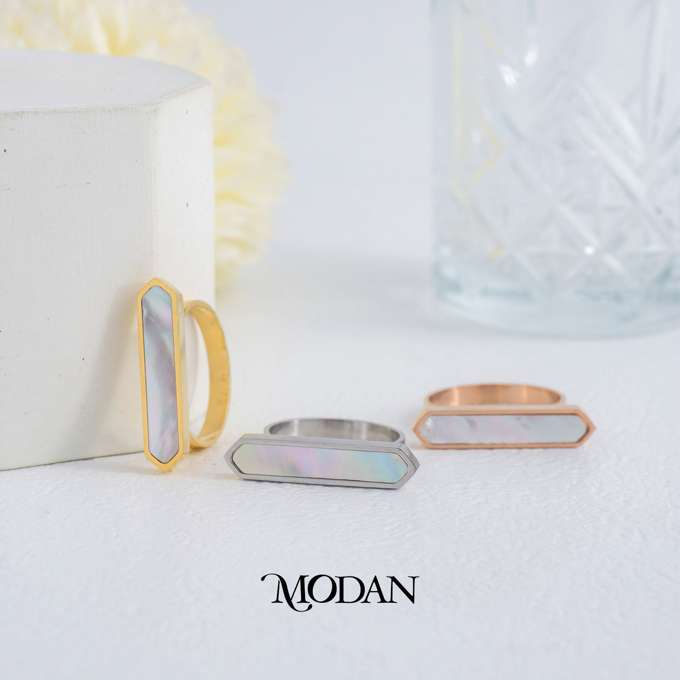 Elegant Geometric Bar Mother Of Pearl Ring Cincin Balok MOP Hypoallergenic Stainless Steel