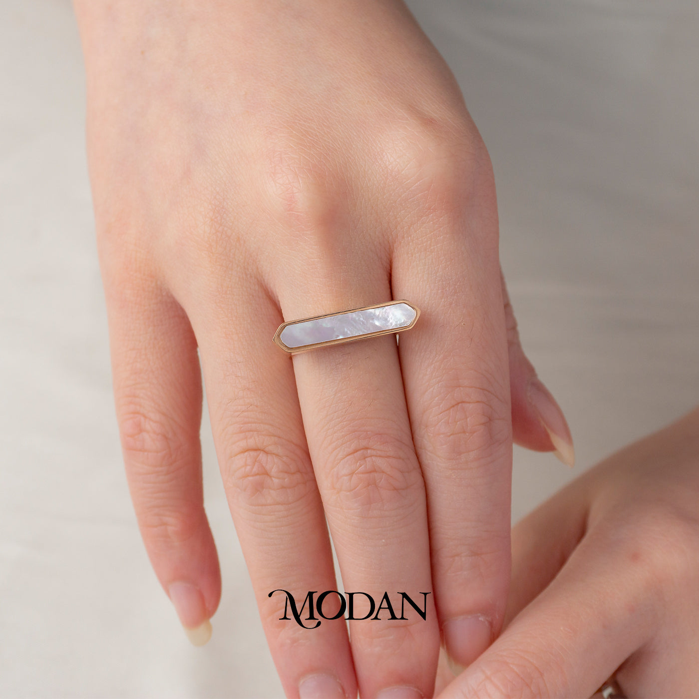 Elegant Geometric Bar Mother Of Pearl Ring Cincin Balok MOP Hypoallergenic Stainless Steel