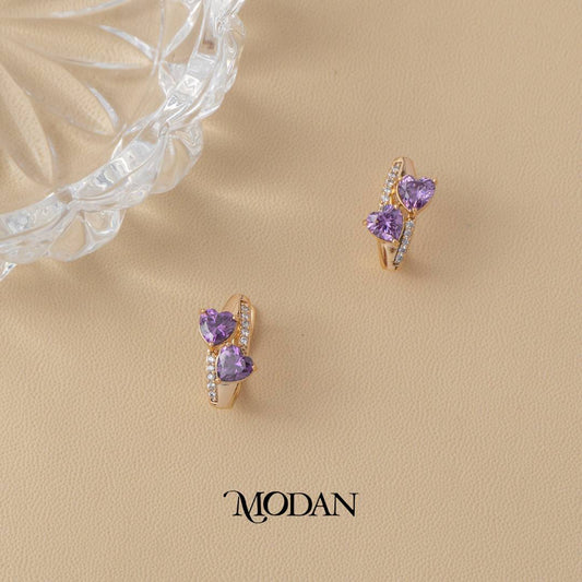 (16mm) Sparkling Purple Zirconia Double Love Heart Hoop Earrings Anting Hati Hypoallergenic Gold Plated