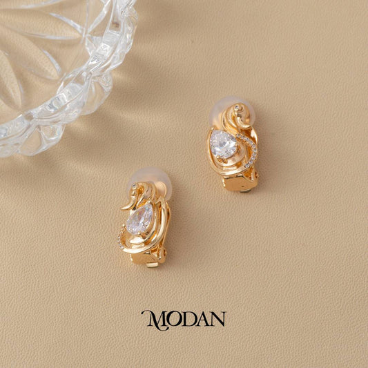 (18mm) Pear-Cut CZ Swirl Abstract Clip-On Earrings Anting Jepit Hypoallergenic Gold Plated