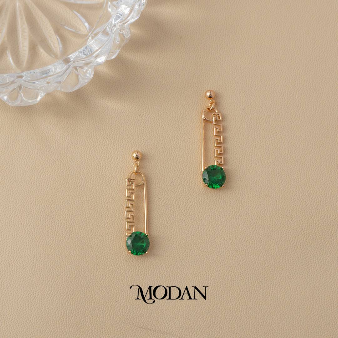 (30mm) Colorful Greek Key Pattern Safety Pin Shaped Drop Earrings Anting Gantung Peniti Hypoallergenic Gold Plated