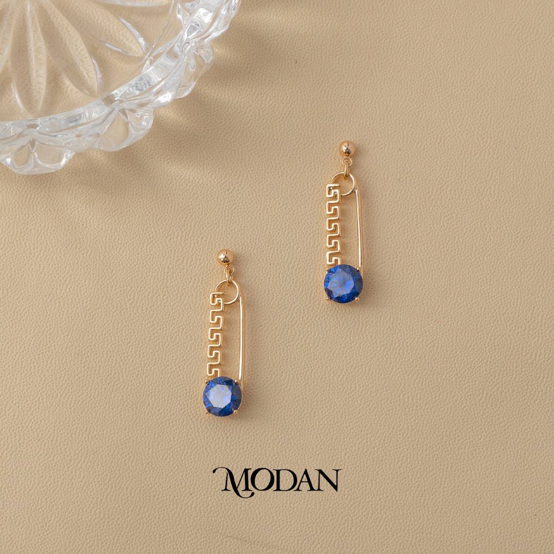 (30mm) Colorful Greek Key Pattern Safety Pin Shaped Drop Earrings Anting Gantung Peniti Hypoallergenic Gold Plated