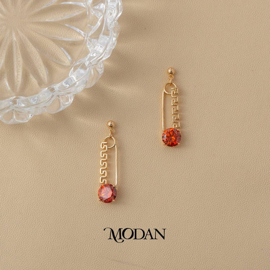 (30mm) Colorful Greek Key Pattern Safety Pin Shaped Drop Earrings Anting Gantung Peniti Hypoallergenic Gold Plated