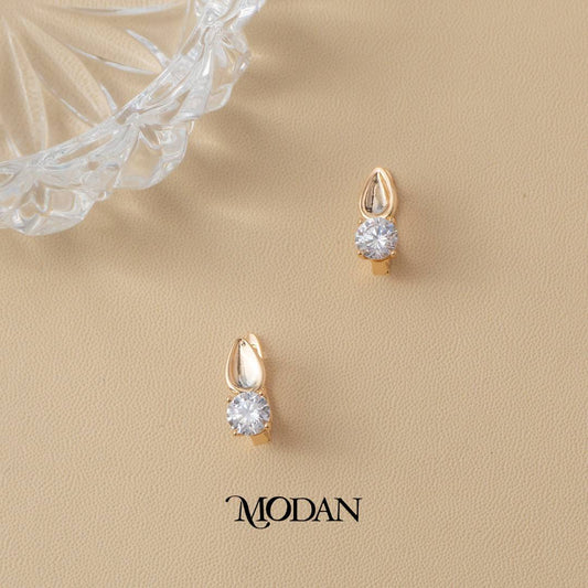 (14mm) Plain Round Leaf Zirconia Hoop Earrings Anting Bulat Hypoallergenic Gold Plated