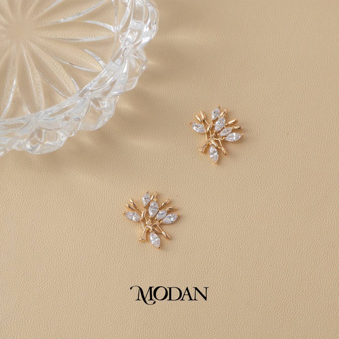 Red Clear Marquise Tree Shaped Holiday Stud Earrings Anting Tusuk Pohon Hypoallergenic Gold Plated