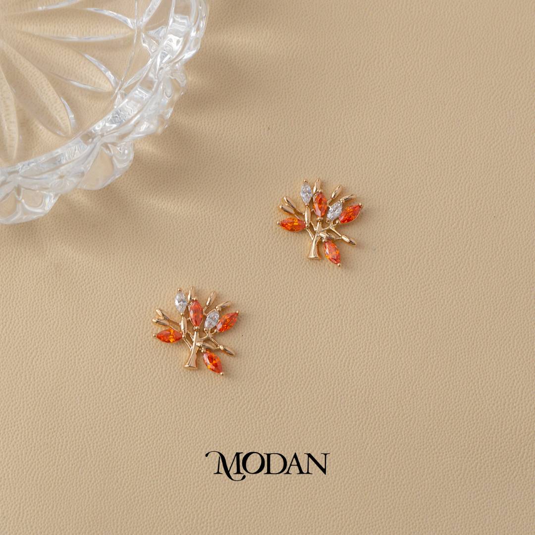 Red Clear Marquise Tree Shaped Holiday Stud Earrings Anting Tusuk Pohon Hypoallergenic Gold Plated