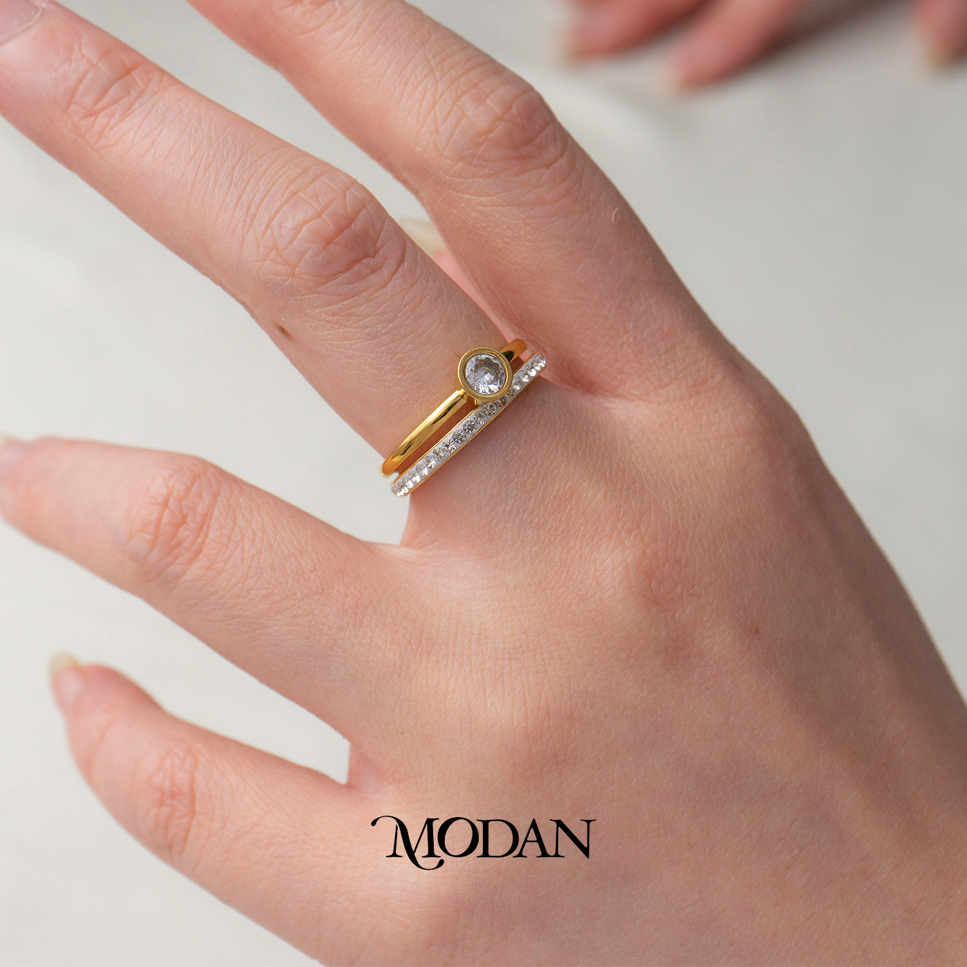 Bezel Solitaire Double Layer Ring Cincin Tumpuk Bulat Hypoallergenic Stainless Steel