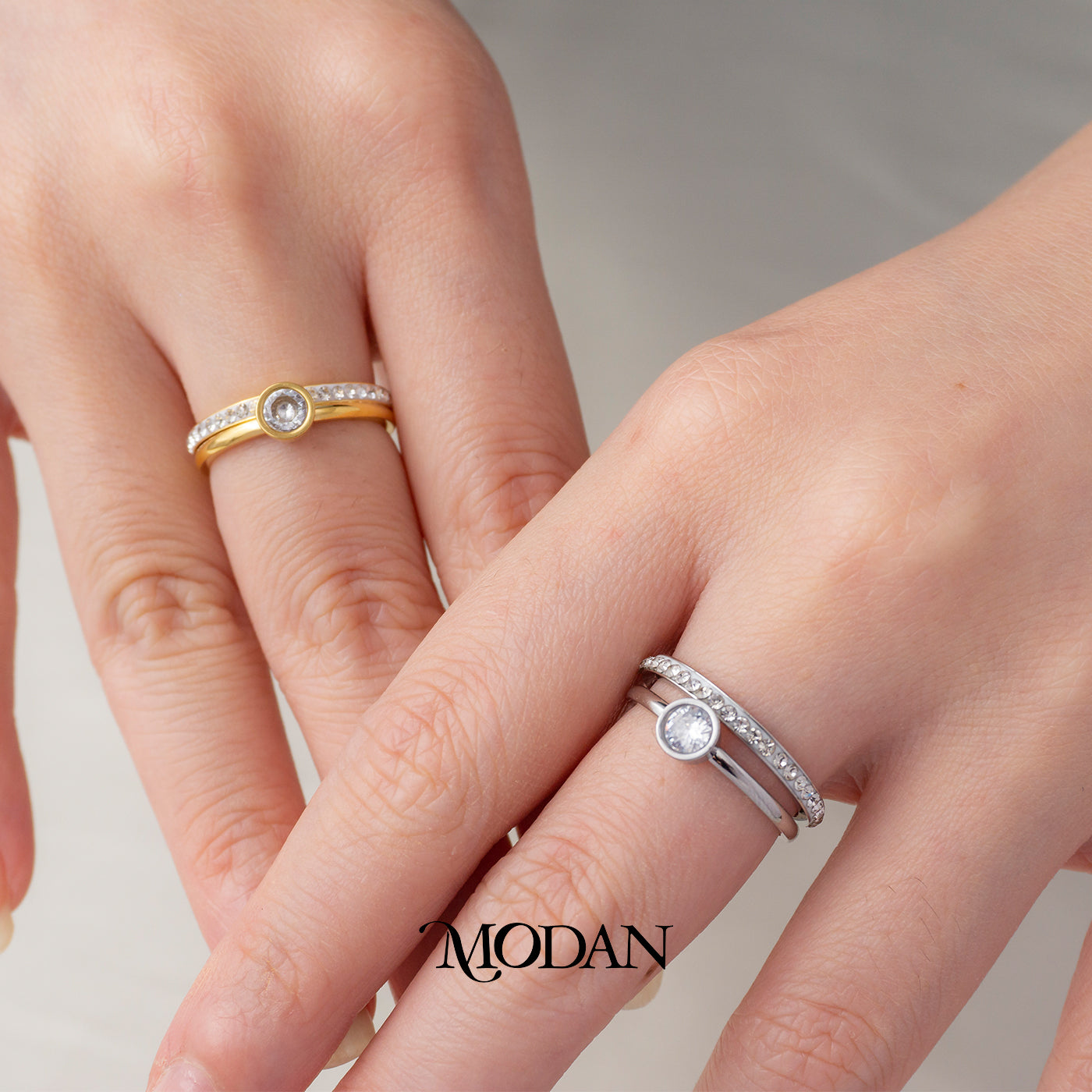Bezel Solitaire Double Layer Ring Cincin Tumpuk Bulat Hypoallergenic Stainless Steel
