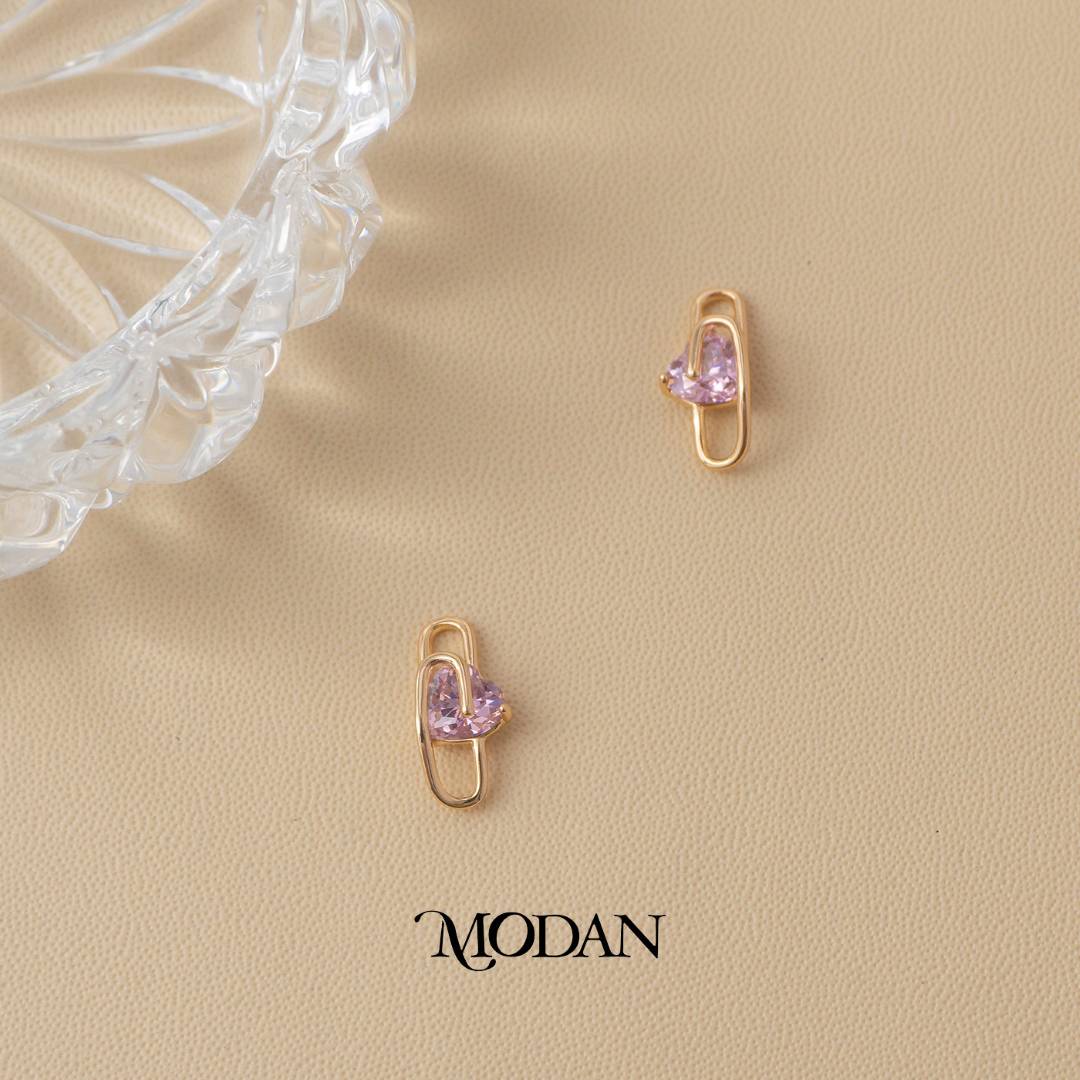 (15mm) Purple and Pink Heart Paperclip Stud Earrings Anting Hati Hypoallergenic Gold Plated