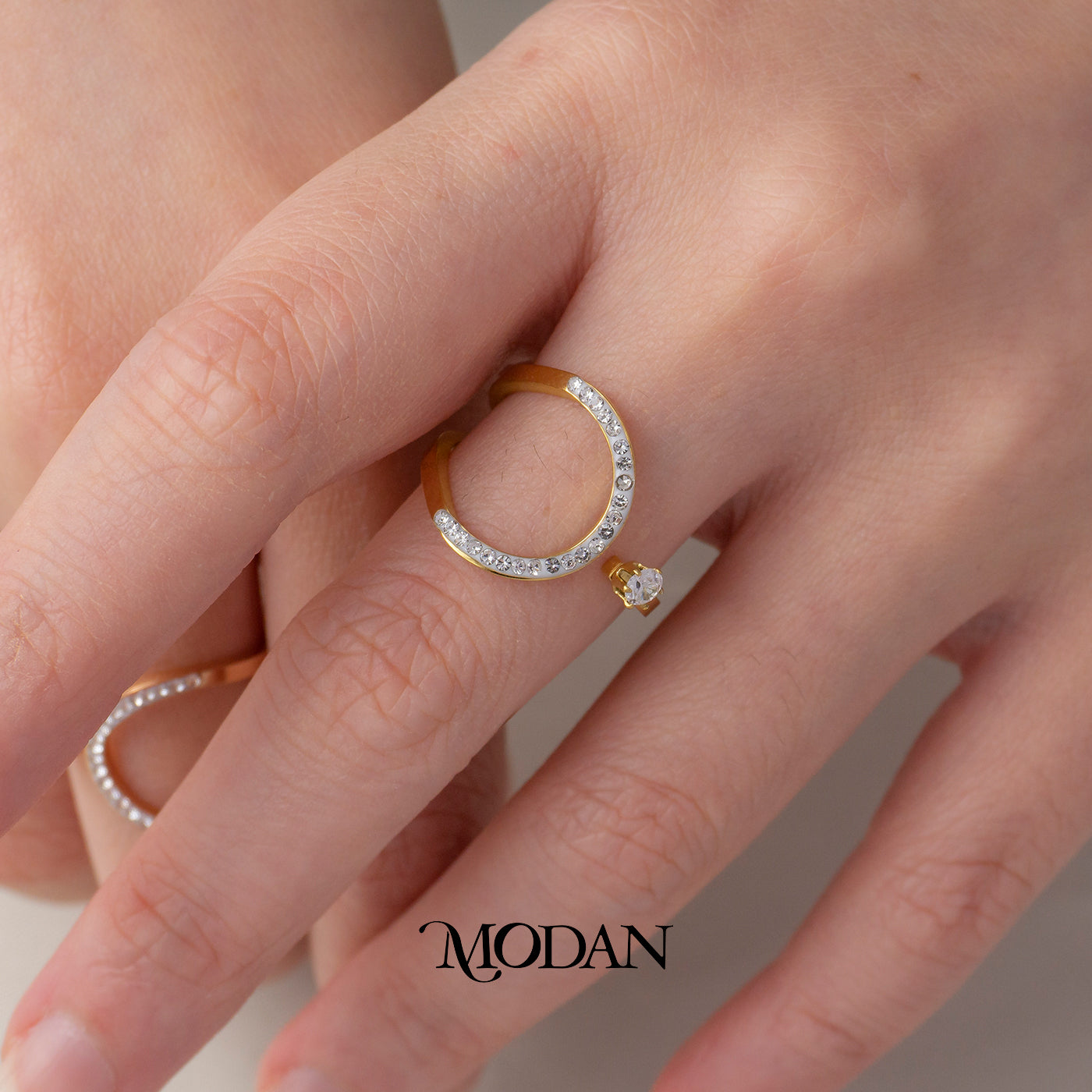 Statement Circle & Solitaire Open Ring Cincin Lengkung Mata Satu Hypoallergenic Stainless Steel