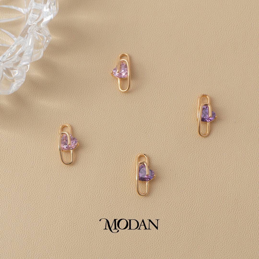 (15mm) Purple and Pink Heart Paperclip Stud Earrings Anting Hati Hypoallergenic Gold Plated