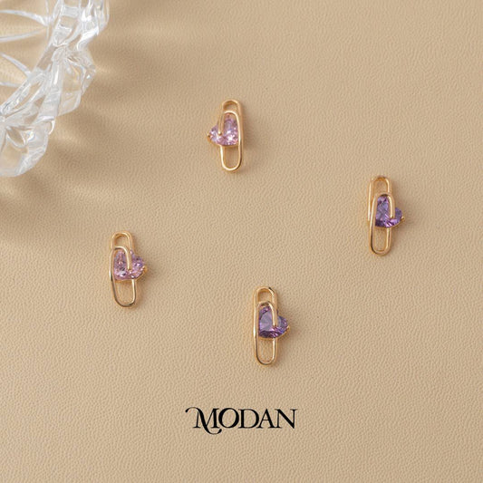 (15mm) Purple and Pink Heart Paperclip Stud Earrings Anting Hati Hypoallergenic Gold Plated