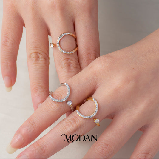Statement Circle & Solitaire Open Ring Cincin Lengkung Mata Satu Hypoallergenic Stainless Steel