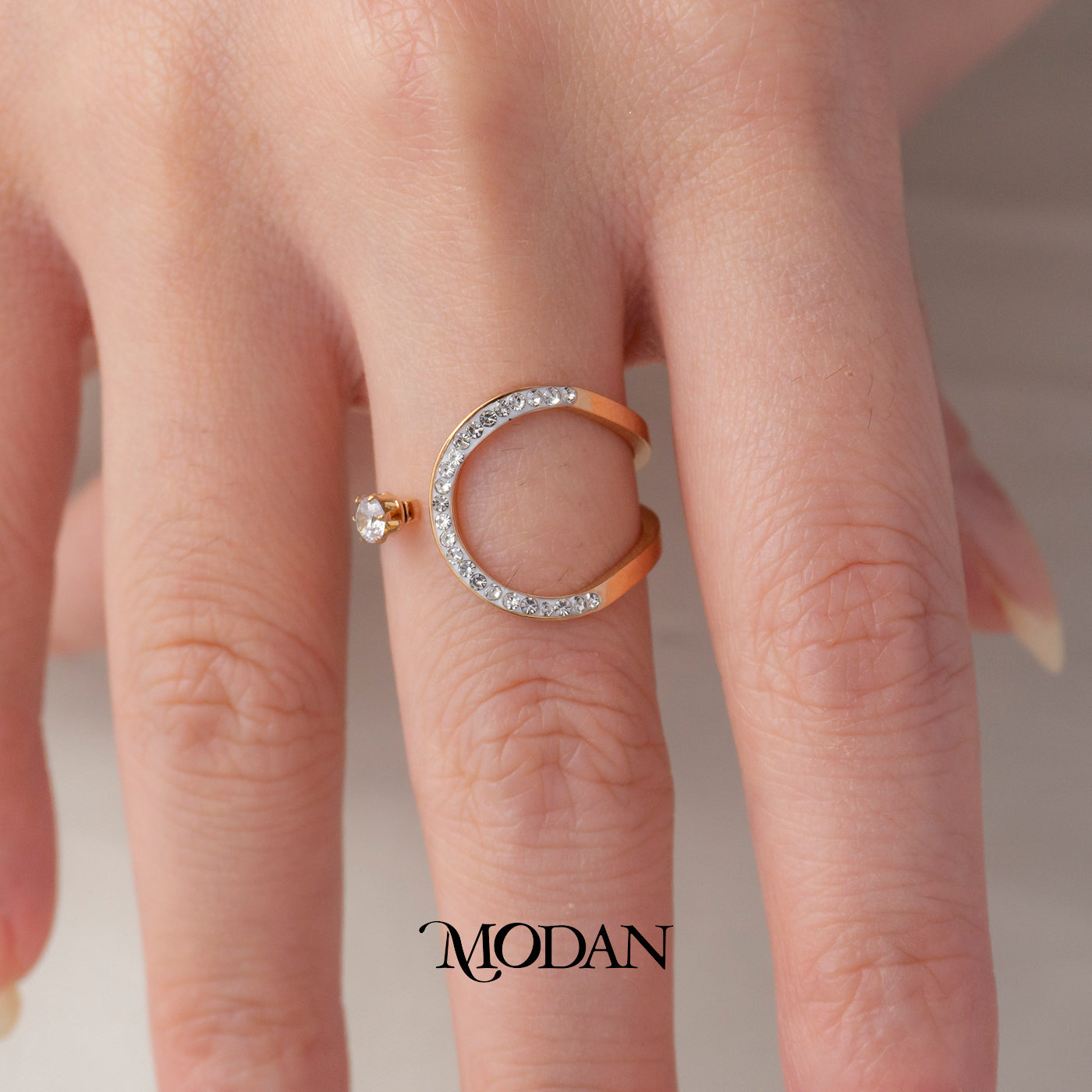 Statement Circle & Solitaire Open Ring Cincin Lengkung Mata Satu Hypoallergenic Stainless Steel