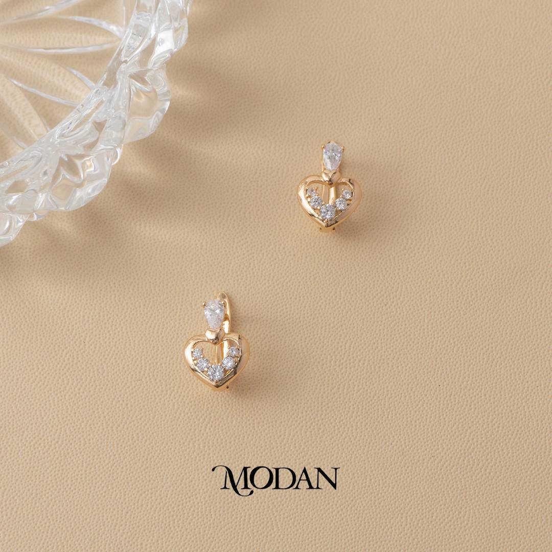 (14mm) Sparkling Multi Cut Zirconia Love Heart Hoop Earrings Anting Hati Elegan Hypoallergenic Gold Plated