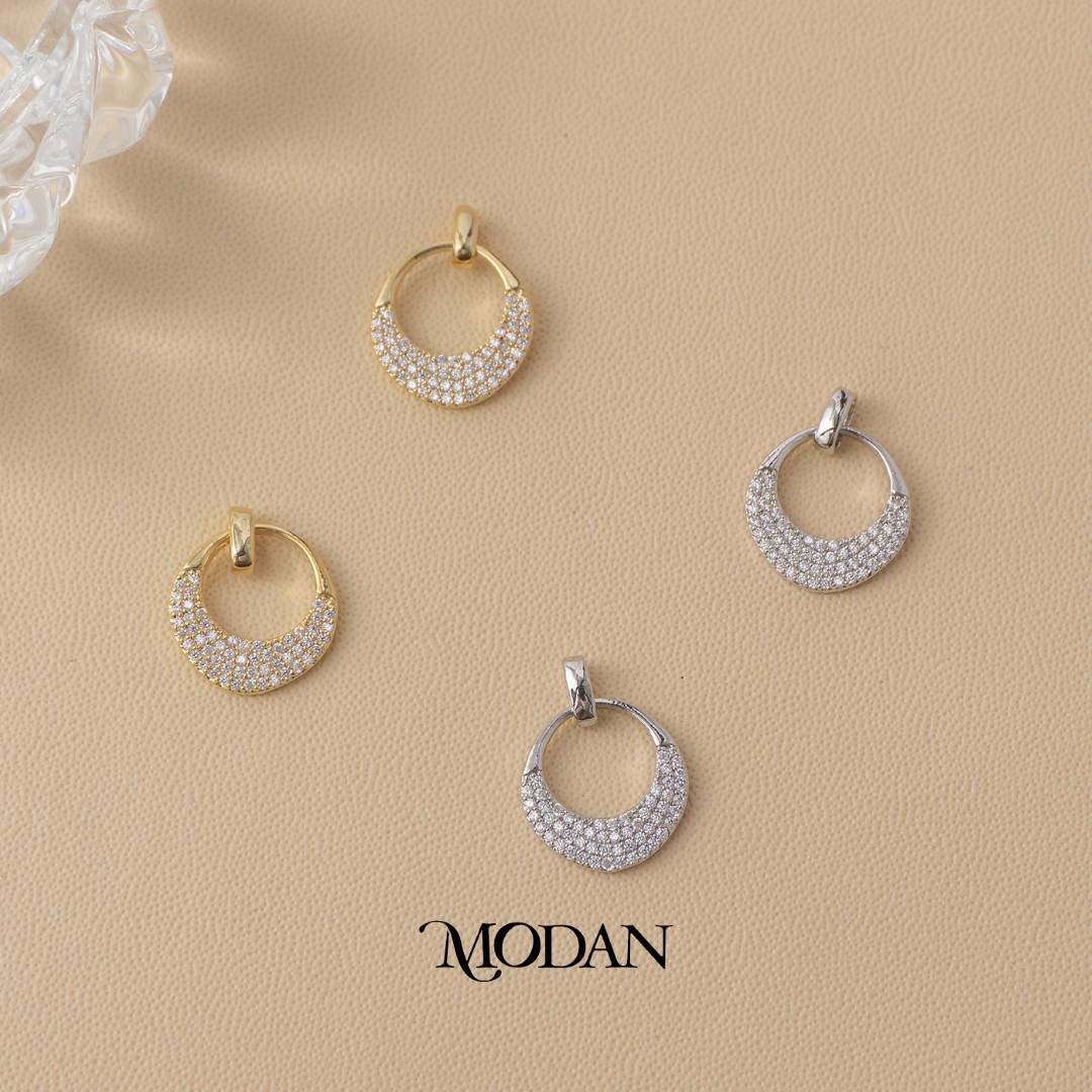 (13mm) Half Moon Micro Paved Zirconia Circle Drop Stud Earrings Anting Bulat Hypoallergenic Gold Plated