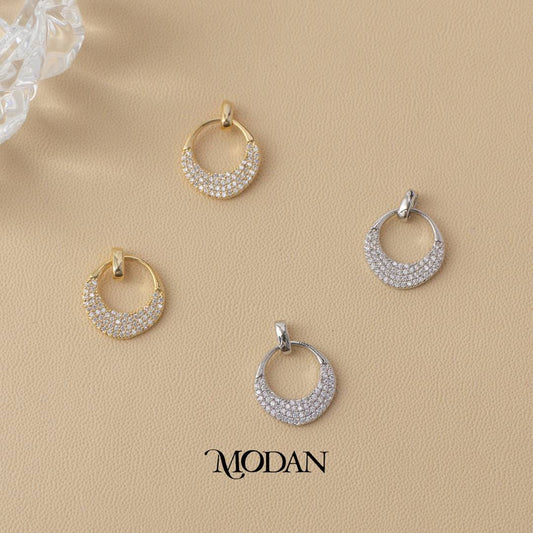 (13mm) Half Moon Micro Paved Zirconia Circle Drop Stud Earrings Anting Bulat Hypoallergenic Gold Plated