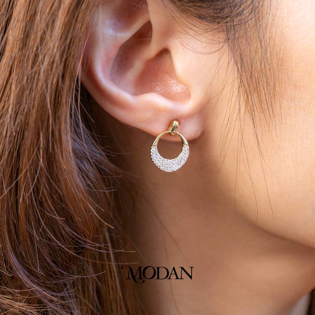 Half Moon Micro Paved Zirconia Circle Drop Stud Earrings Anting Bulat Hypoallergenic Gold Filled