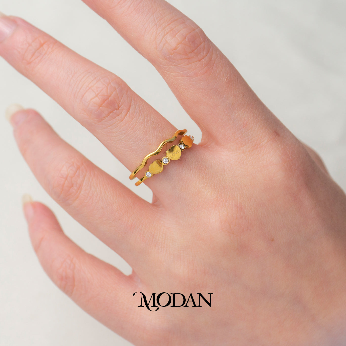 Minimalist Wave & Triple Heart Engraved Ring Cincin Gelombang 3 Hati Hypoallergenic Stainless Steel