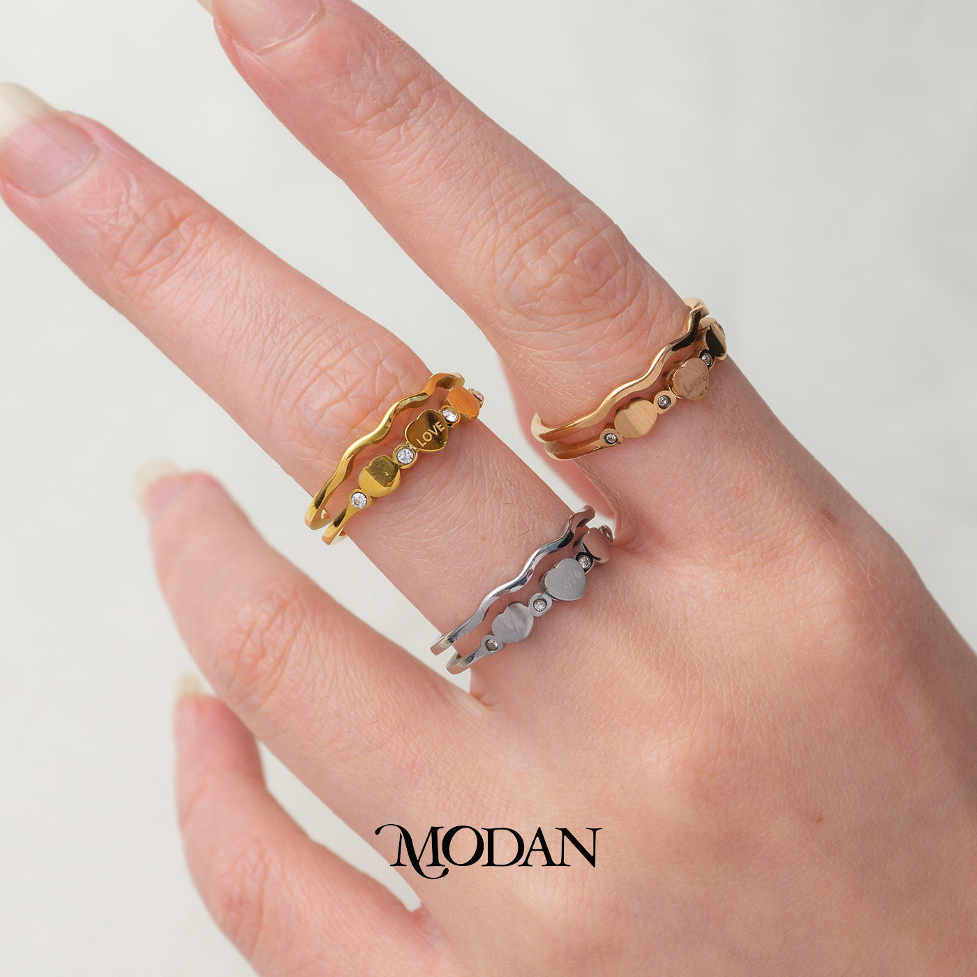 Minimalist Wave & Triple Heart Engraved Ring Cincin Gelombang 3 Hati Hypoallergenic Stainless Steel
