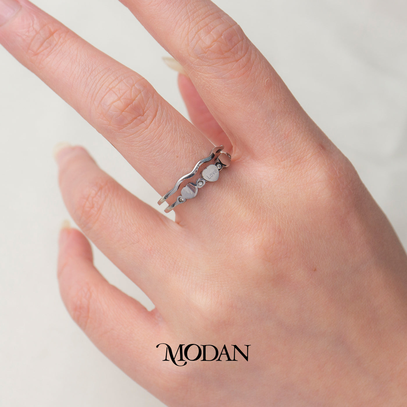 Minimalist Wave & Triple Heart Engraved Ring Cincin Gelombang 3 Hati Hypoallergenic Stainless Steel