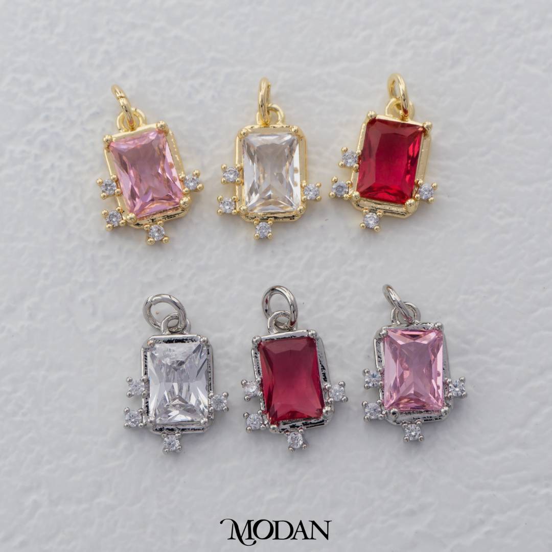 Mini Red Pink Clear Rectangular Charm DIY Charm Liontin Warna-Warni Persegi Panjang Berlian Hypoallergenic Gold Filled