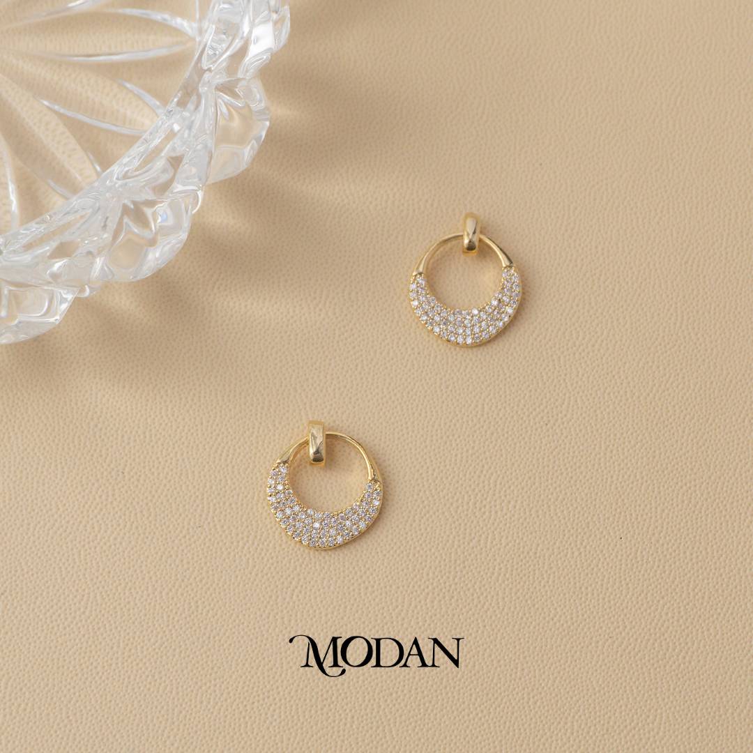Half Moon Micro Paved Zirconia Circle Drop Stud Earrings Anting Bulat Hypoallergenic Gold Filled