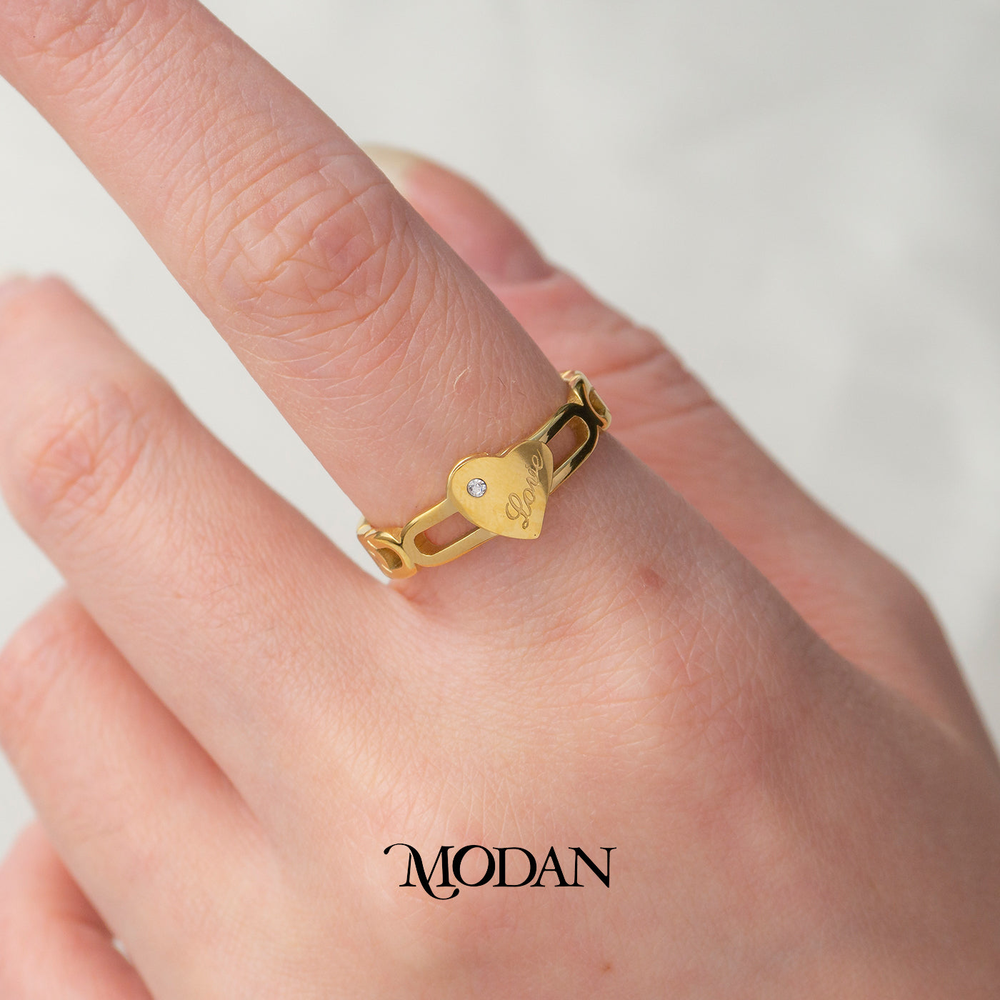 Engraved Love Heart Chain Link Ring Cincin Rantai Motif Ukir Hati Hypoallergenic Stainless Steel