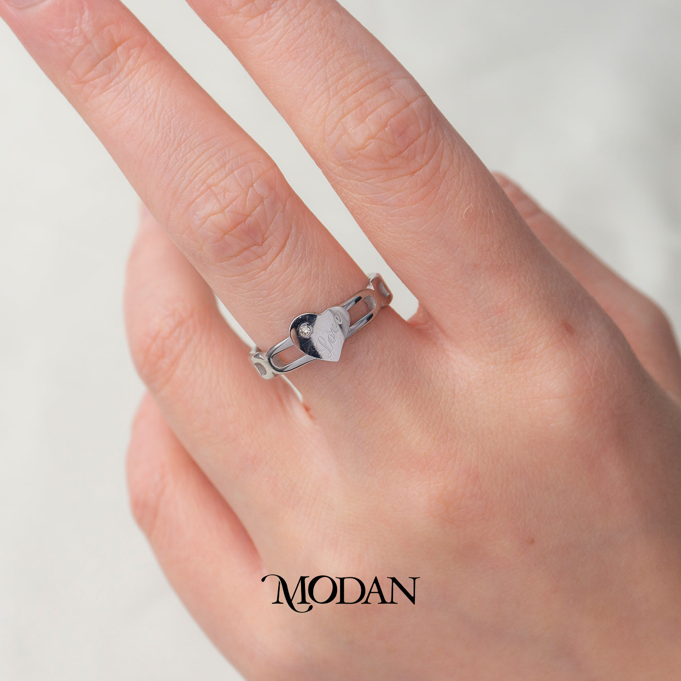 Engraved Love Heart Chain Link Ring Cincin Rantai Motif Ukir Hati Hypoallergenic Stainless Steel