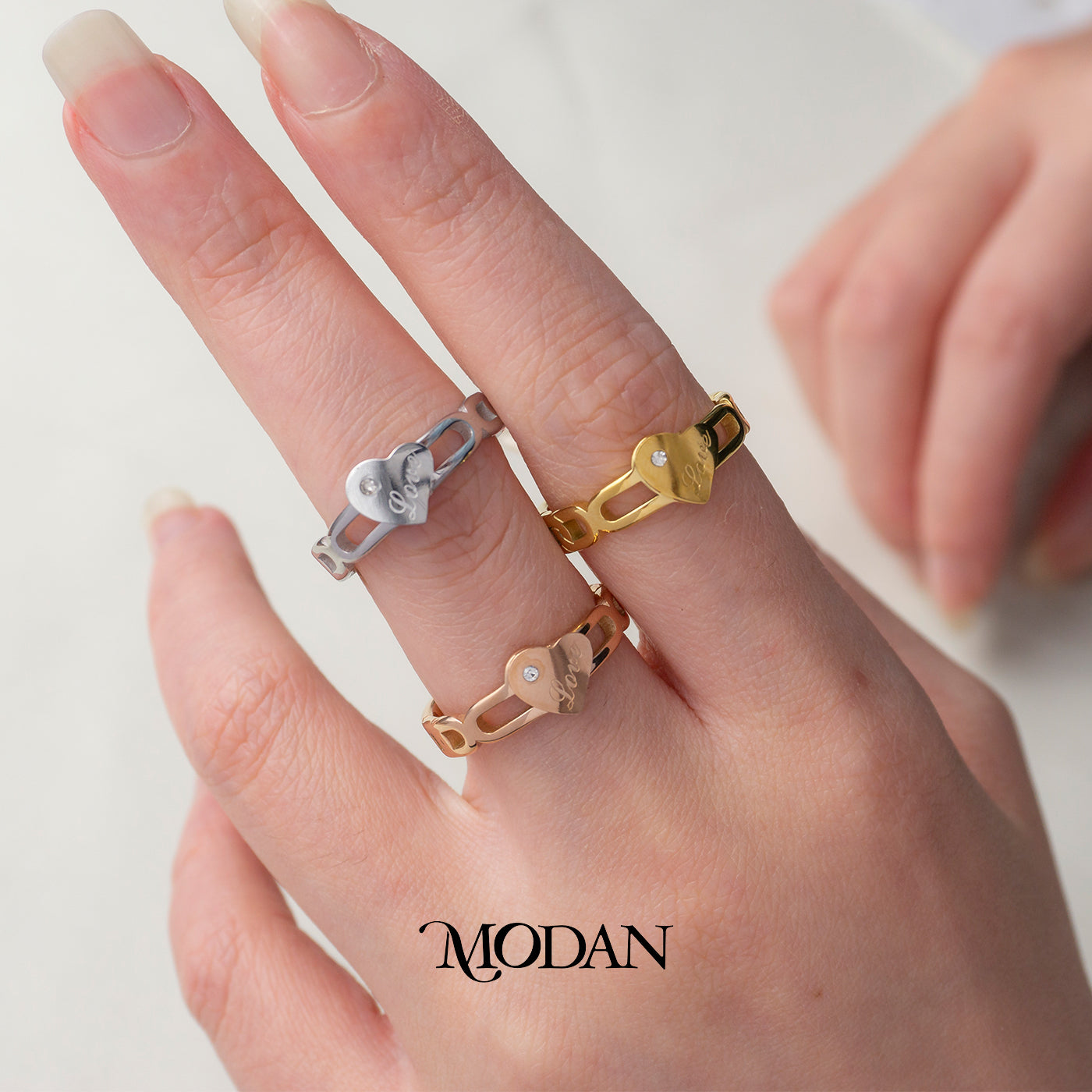 Engraved Love Heart Chain Link Ring Cincin Rantai Motif Ukir Hati Hypoallergenic Stainless Steel