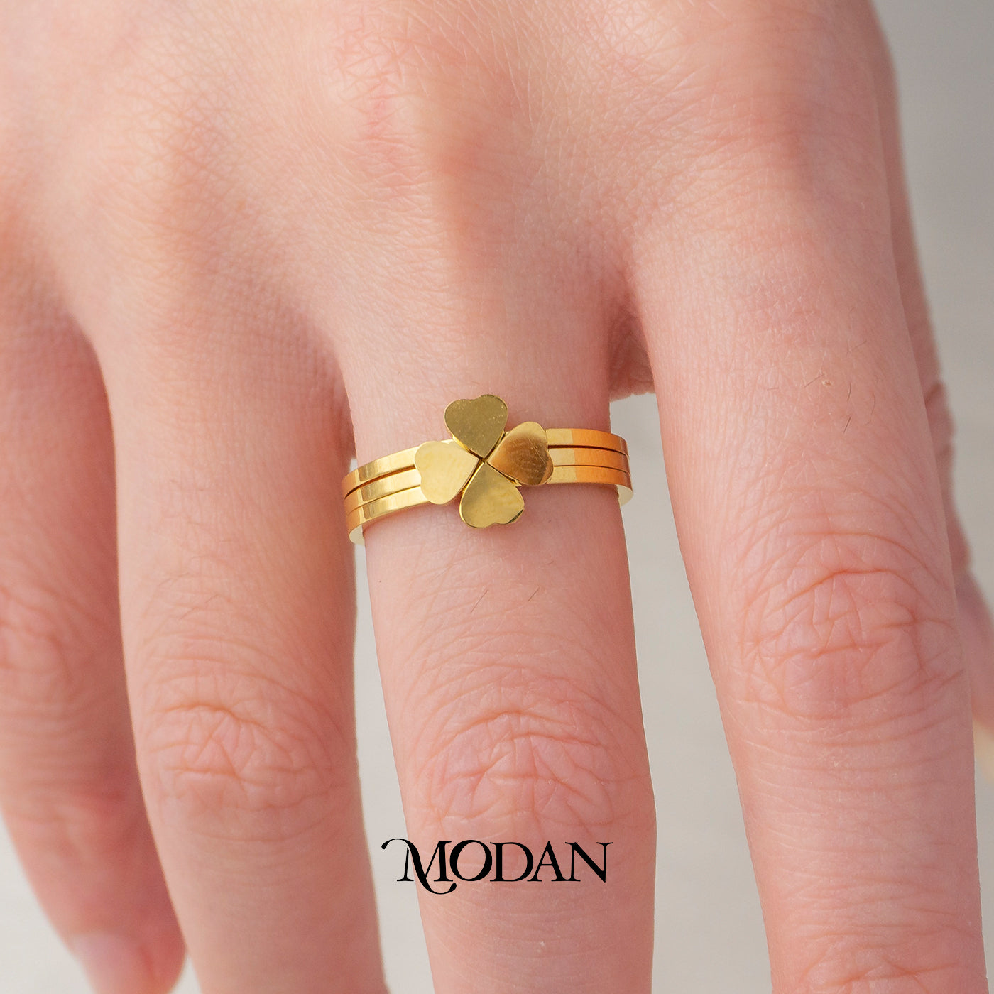 (1 Set 3 pcs) Four Leaf Clover Triple Band Ring Cincin 3 Layer Bunga Semanggi Hypoallergenic Stainless Steel