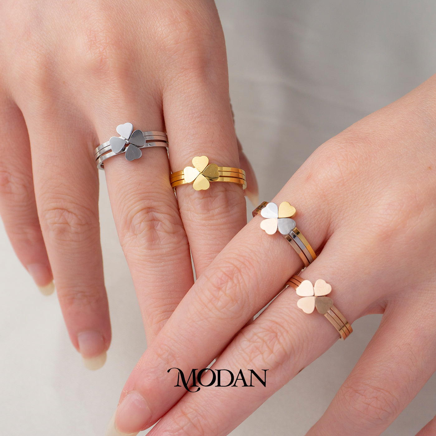 (1 Set 3 pcs) Four Leaf Clover Triple Band Ring Cincin 3 Layer Bunga Semanggi Hypoallergenic Stainless Steel