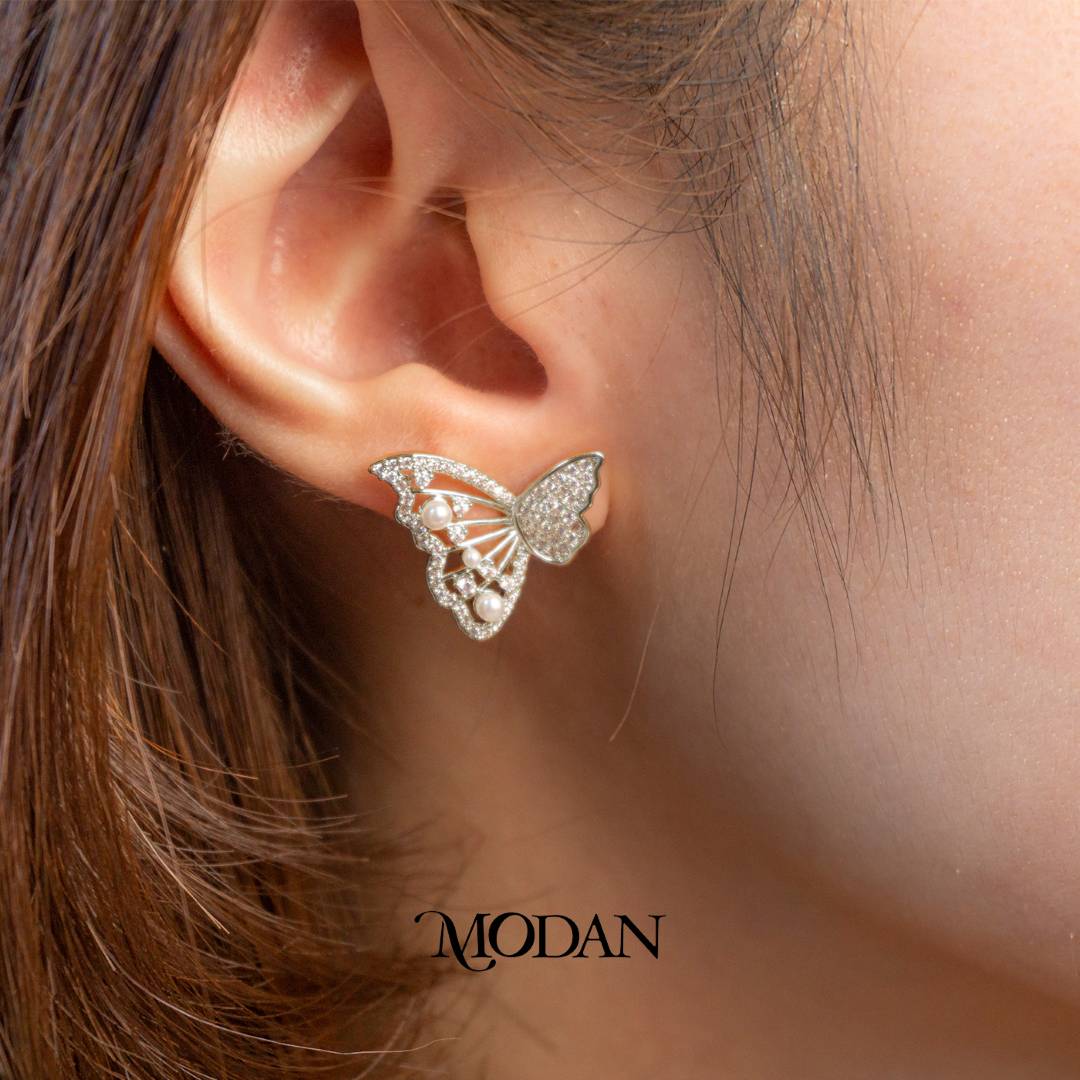 Sparkling Shell Pearl Butterfly Mariposa Stud Earrings Anting Kupu - Kupu Hypoallergenic Gold Filled