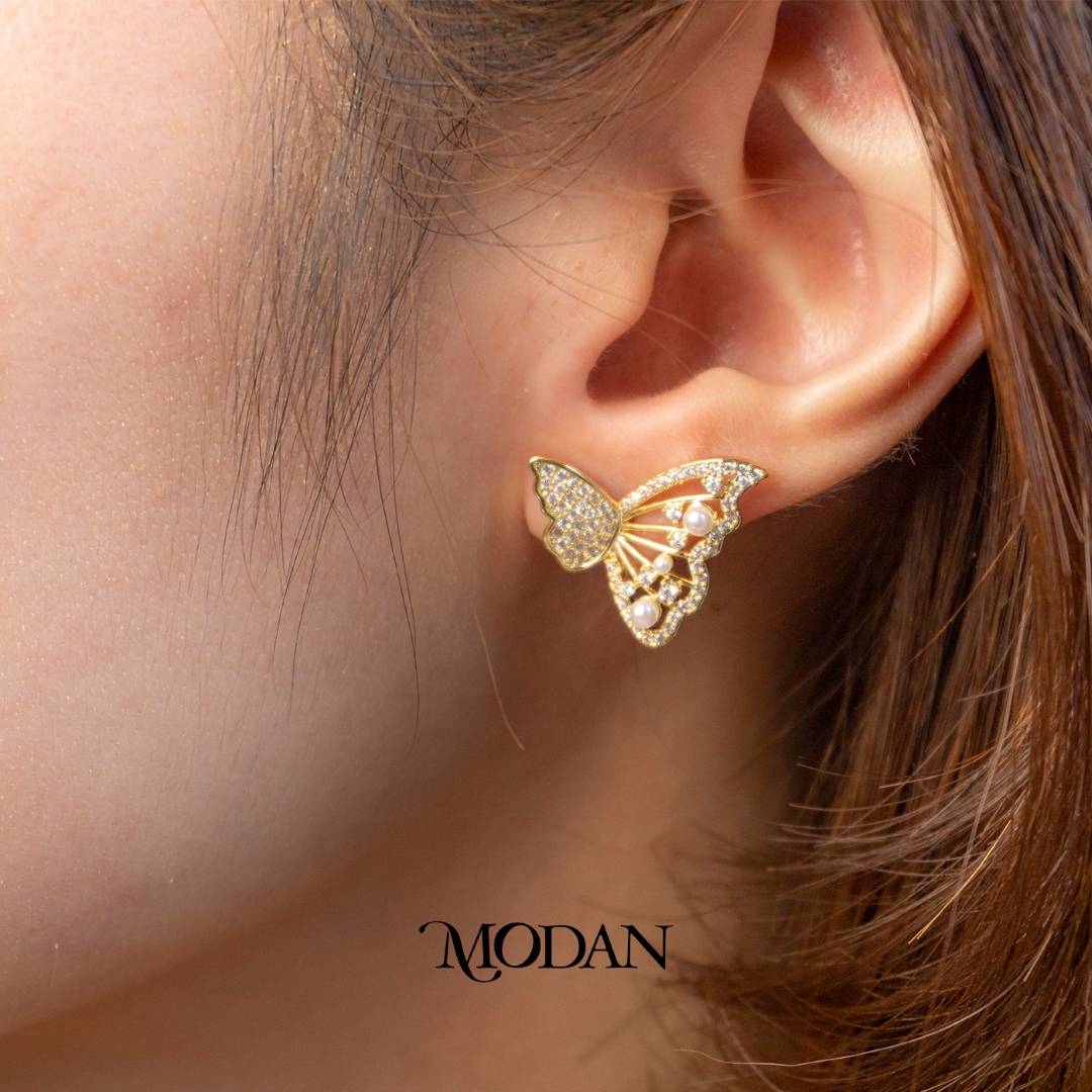 Sparkling Shell Pearl Butterfly Mariposa Stud Earrings Anting Kupu - Kupu Hypoallergenic Gold Filled